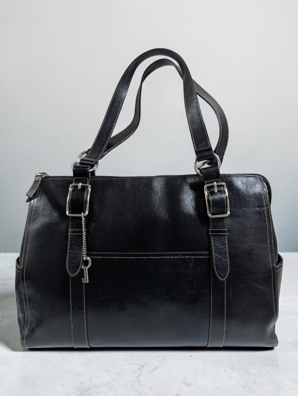 Fossil Black Genuine Leather Laptop Work Tote Briefcase Shoulder Bag Padded